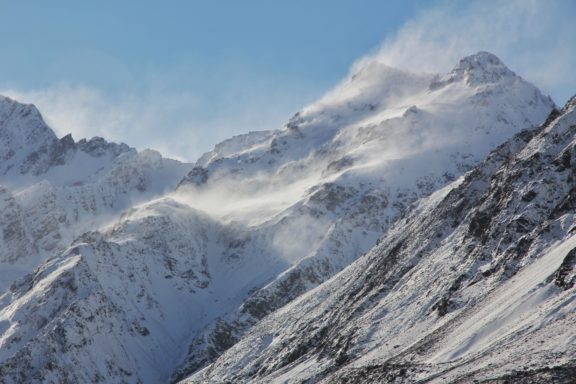 Snow blowing off peaks in the Mt. Cook Range